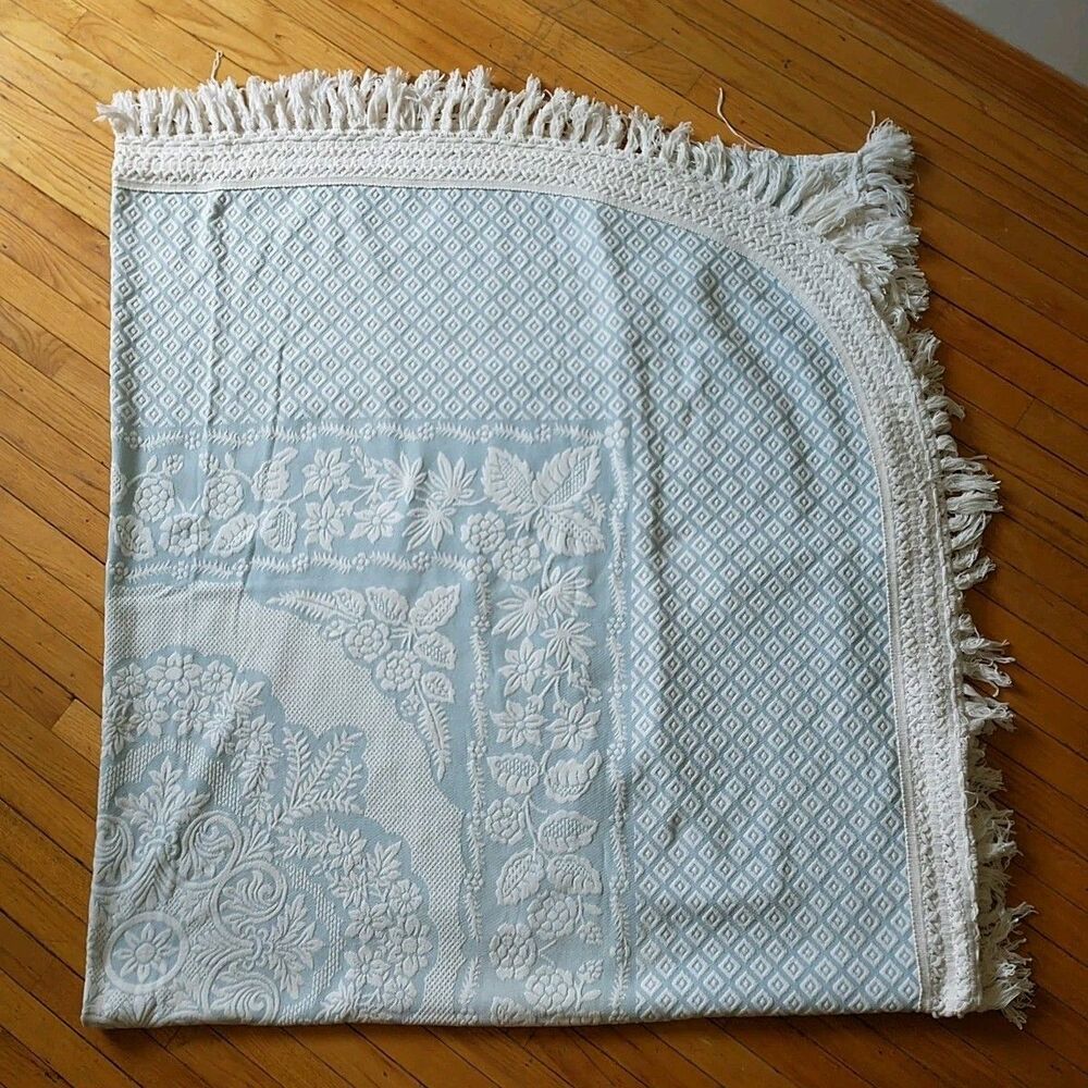 Vtg Bates? Bedspread Coverlet Full Blue Floral Jacquard Fringe Victorian MCM